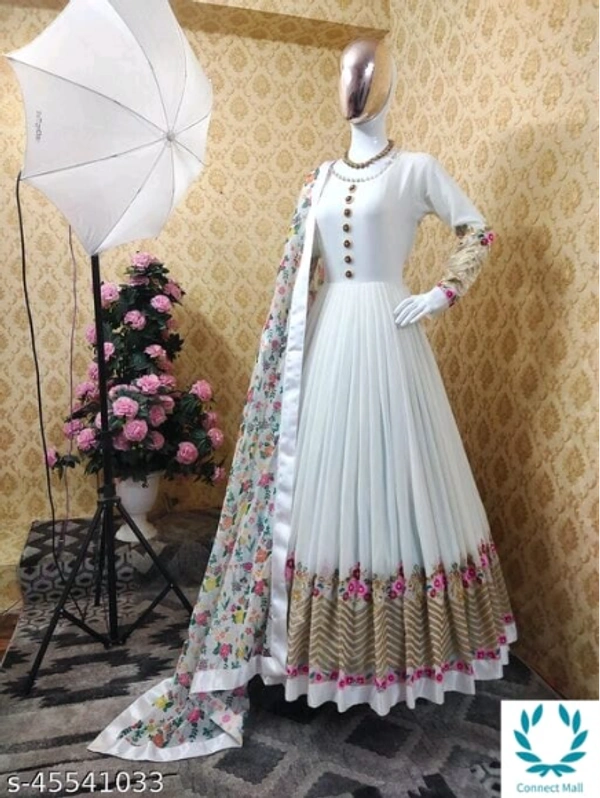 White Georgette Long Gown - Free Size, White, Georgette, Embroidered, Pack of :1